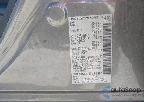 2018 Nissan Rogue Sv z USA, uszkodzony, nr VIN 5N1AT2MV6JC813397